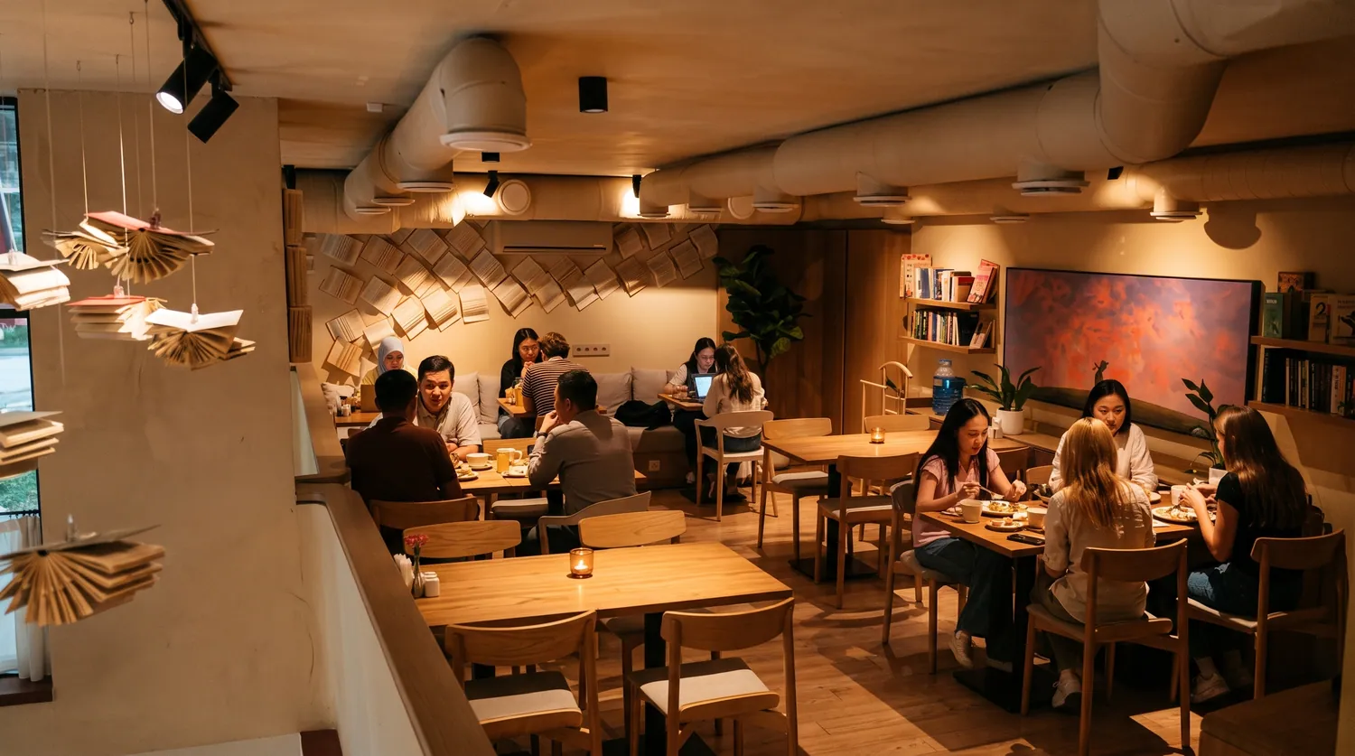 Вечер в зале Bookish Cafe, гости за столами